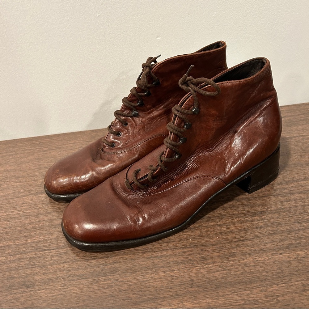 Vintage Leather Granny Boots Brown Lace Up Heeled Ankle Size 10